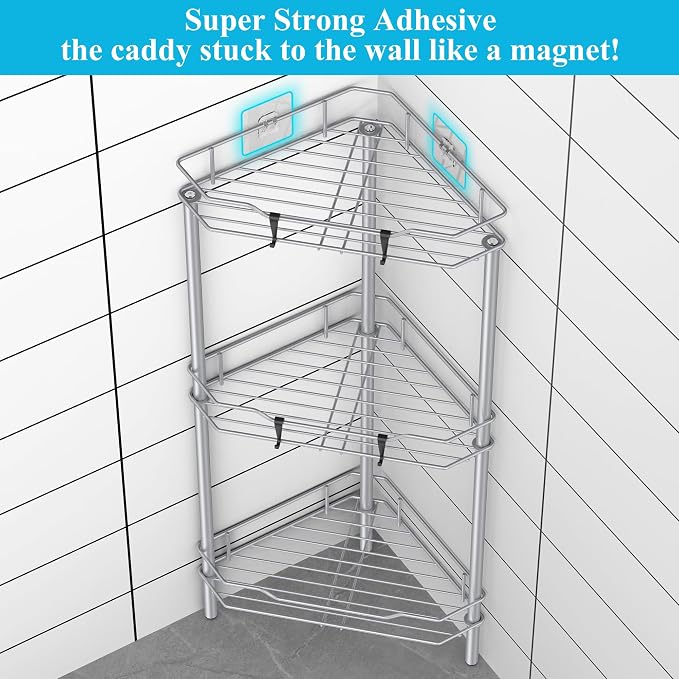 HuggieGems Metal Floor Standing Corner Shower Caddy, Silver, 3 Tier | Adhesive Bathroom Organizer Shelves, Free Standing Shower Rack with Hooks, Hold Large Shampoo Bottles