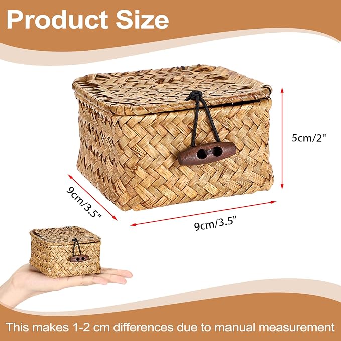 Hipiwe Handwoven Wicker Basket Box with Lid Small Seagrass Desk Organizer | Multipurpose Baskets Organizer for Remote Control Key, Rectangular Basket Box for Home Decor, Caramel 3.5" x 3.5" x 2"