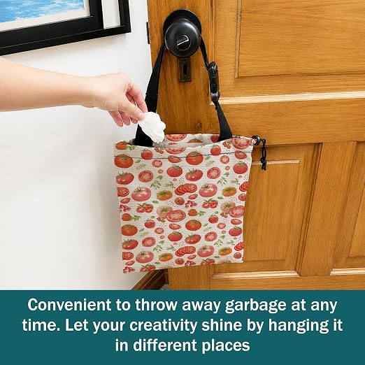 Red Tomato Fruit Car Trash Bag Hanging for Back Seat | Rustic Botanical Canvas Drawstring Car Garbage Bag with Adjustable Buckle Vehicle Trash Can