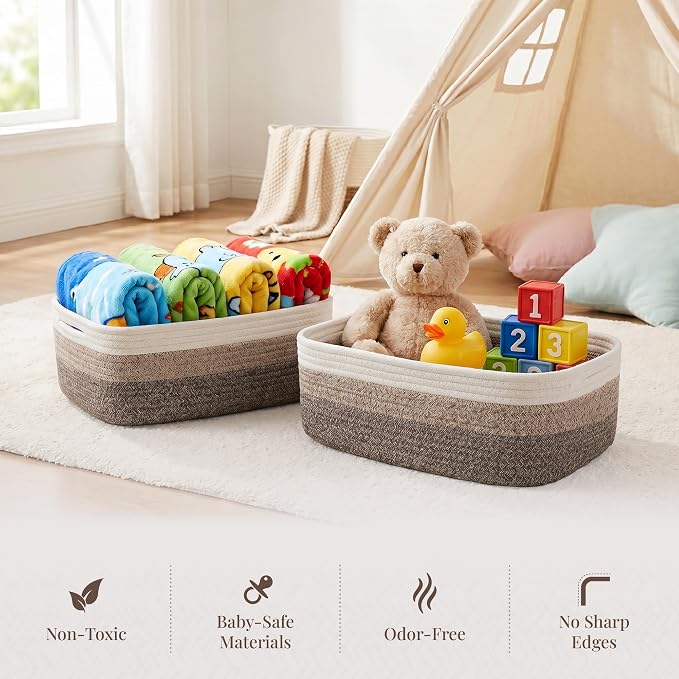 Storage Baskets for Shelves, 5 Pack, 2 Sizes Organizer Bins | Woven Cotton Rope Baskets, 3 Large + 2 Small Shallow Storage Bins for Nursery, Closet, Toys, Bathroom & Changing Table