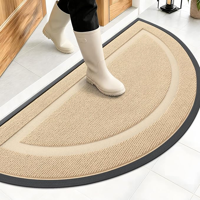 OLANLY Half Circle Front Door Mat Outside 47x23 All-Season Rubber Doormat | Beige, Absorbent, Heavy-Duty, Stain and Fade Resistant, Waterproof Non-Slip Backing, Low-Profile Indoor Outdoor Entryway Mat