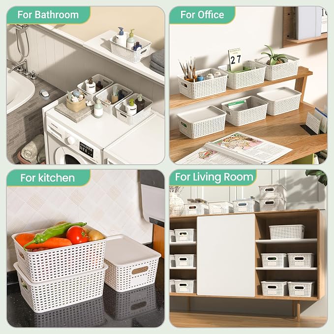 Ohmlove 8 Pack Plastic Storage Baskets with Lids for Organization | Stackable Storage bins, Storages Baskets for Organizing Shelves Drawers Desktop Closet Playroom Classroom Office, White