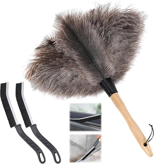 Soarer Ostrich Feather Duster for Cleaning,2Pcs Brush Kit,14inch Handle | Fluffy Long Reusable Feather Duster with Wooden Handle and Lanyard for Cleaning Ceiling Fan,Pendant Lamp,Blinds,Furniture