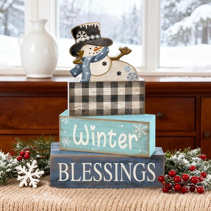 Moucuny 4 Pcs Winter Snowman Wooden Signs Farmhouse Tiered Tray Decor | Buffalo Plaid Snowman Design, Shelf Decor for Kitchen Living Room, Rustic Centerpiece, Winter Blessings for Farmhouse
