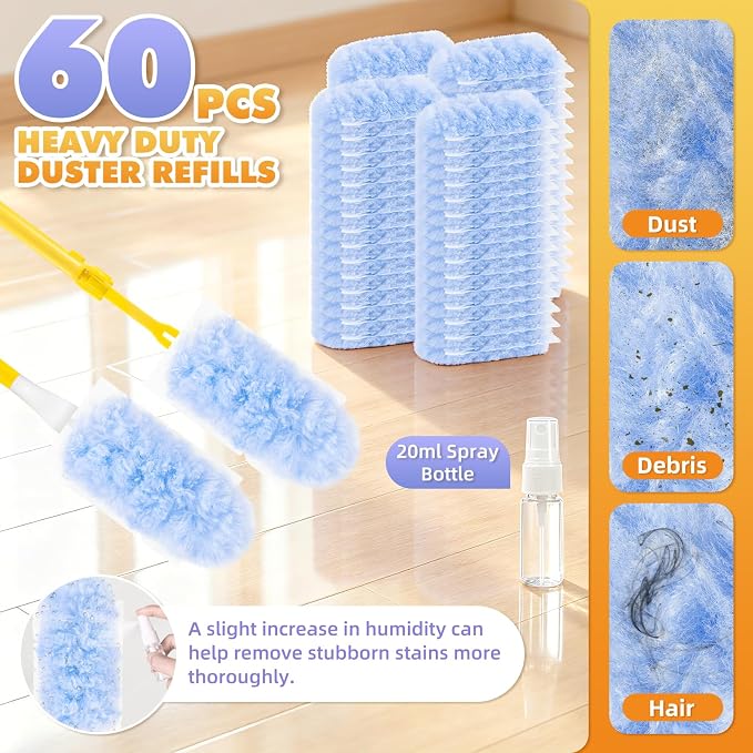 Duster Refills for Swiffer Duster, 60 Count with 2 Handles | 3 FT Extended Handle, 2 Sides 360°, 5X Microfiber, Heavy Duty Disposable Dusters for Cleaning Ceiling Fan, Blinds, Vent