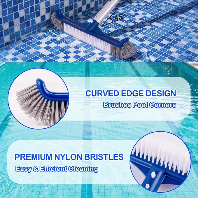 POOLAZA 17.5" Pool Brush Head with Curved Ends & Premium Nylon Bristles | Enhanced Integrated Structure, 17.5" Wide Cleaning Path, Safe for Vinyl Liners, EZ Clip Design Fits Standard Pool Poles