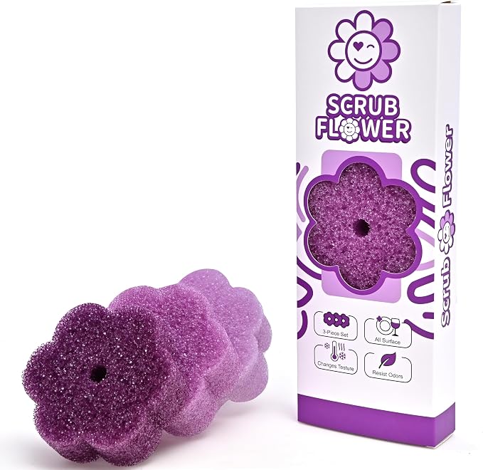 Scrub Flower Sponges, Temperature Sensitive, Non-Scratch, 3 Count | Firm when cold and soft when warm, these odor-resistant scrubbers clean dishes, kitchen surfaces and more.