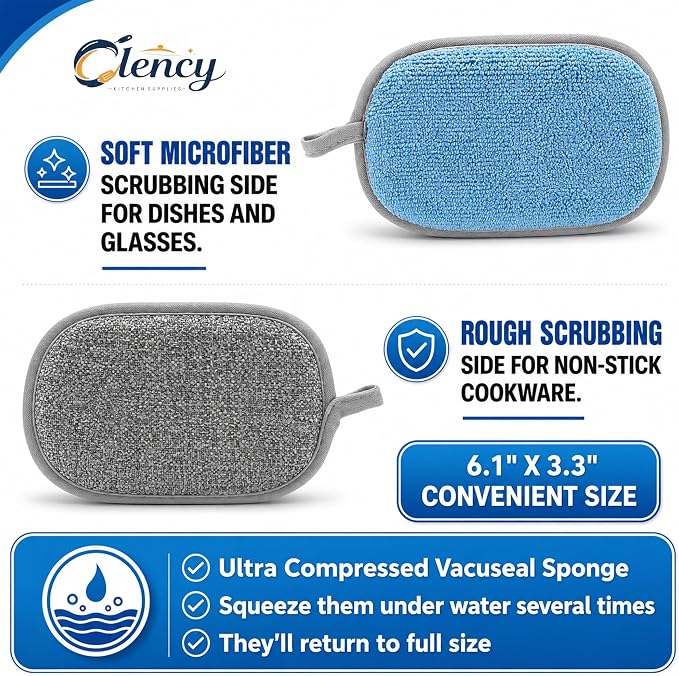 Clency Non-Scratch Kitchen Sponges, 6 Pack Dual-Sided Dish Sponges for Washing Dishes, Safe for Nonstick Cookware, Reusable Scrubber Cleaning Set with 2 Silicone Cleaning Gloves