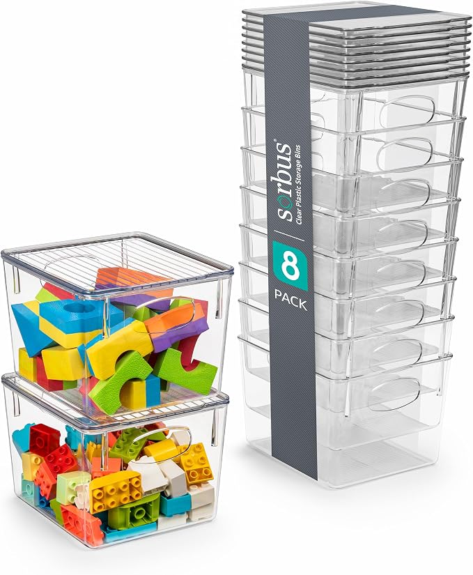 Sorbus Clear Toy Storage Bins with Lids, Stackable (Medium, 8 Pack) | Lidded organization keeps food, household items and art supplies contained in closets, bathrooms and home spaces.