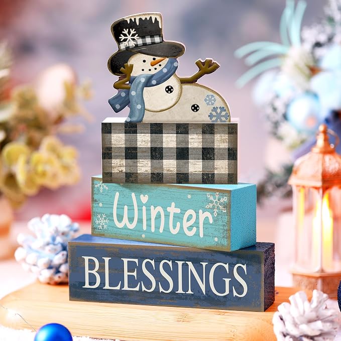 Moucuny 4 Pcs Winter Snowman Wooden Signs Farmhouse Tiered Tray Decor | Buffalo Plaid Snowman Design, Shelf Decor for Kitchen Living Room, Rustic Centerpiece, Winter Blessings for Farmhouse
