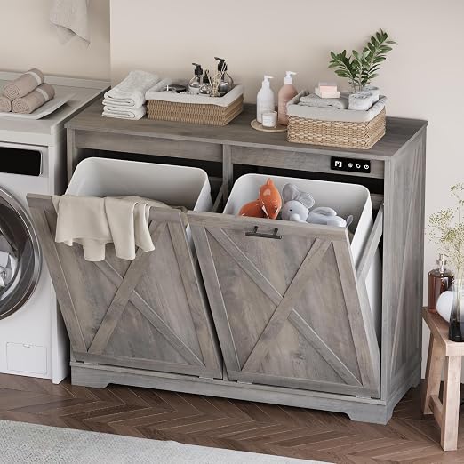 Double Tilt Out Trash Can Cabinet, Wooden Farmhouse Kitchen Garbage Bin Enclosure with Negative Ion Odor Control, Hidden Dog Proof Trash or Laundry Basket Storage for Laundry Room, Grey
