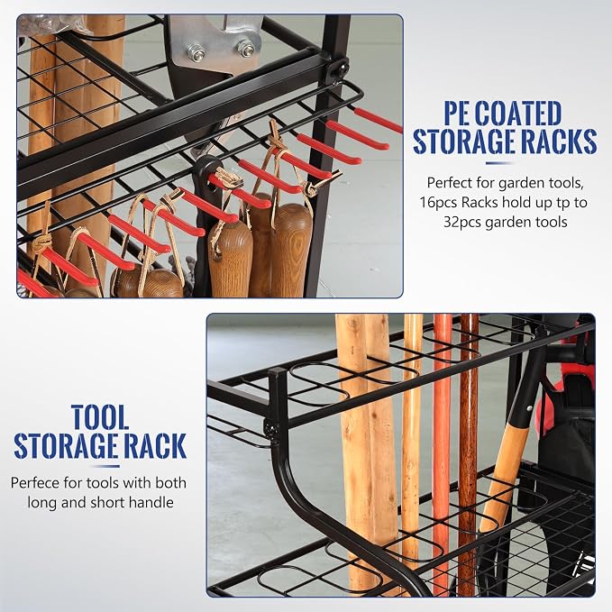 Mythinglogic Rolling Garden Tool Organizer for Garage, Yard and Lawn Tools | Metal rolling rack with multiple tool slots, movable hooks and locking casters for rakes, shovels, brooms and yard tools