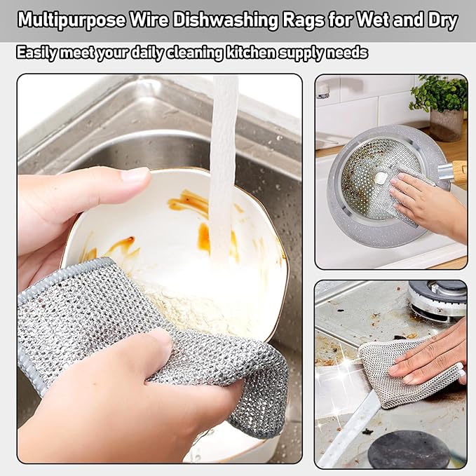 XANGNIER Non Scratch Wire Dishcloth,Wire Dishwashing Rags,8 * 8 in,8 Pcs | Multipurpose Steel Wool Cleaning Cloths,Multi Purpose Metal Mesh Miracle Cleaning Cloths for Kitchen,Dishes,Sink,wet & dry