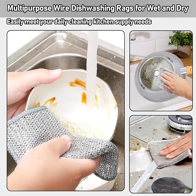 XANGNIER 10 Pcs Multipurpose Wire Dishwashing Rags for Wet and Dry,2024 New Multifunctional Non-Scratch Wire Dishcloth,Wire Cleaning Cloth,Non Scratching Metal Wire Rag for Kitchen,Counter,Dishes,Sink | Multipurpose Steel Wool Cleaning Cloths,Wet & Dry...