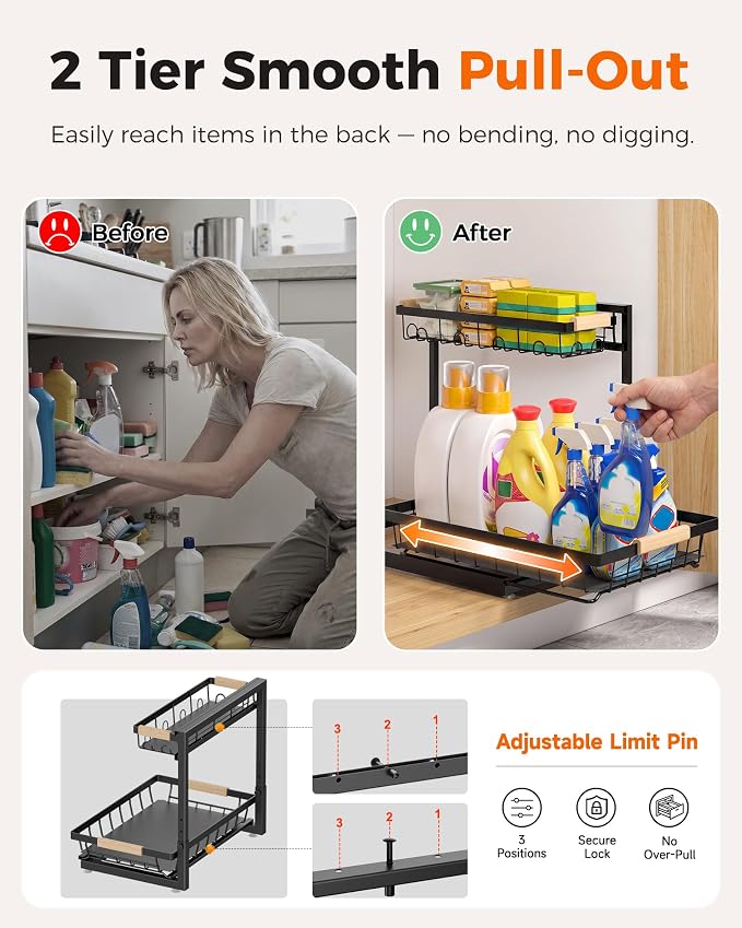 2026 Upgraded 3-Pack 2-Tier Adjustable Height Under Sink Organizer, Black | Multi-purpose metal storage shelf with sliding shelves for kitchen, bathroom, pantry & laundry cabinet