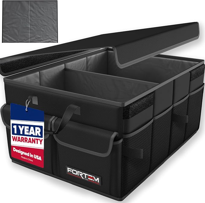 FORTEM Trunk Organizer - Foldable Car Organizer & Storage for SUVs & Trucks | Car Accessories for Men Women, Collapsible Bag, Non Slip Bottom, Straps, Soft Cover, 600D Oxford, Black, 2 Compartments, 45L