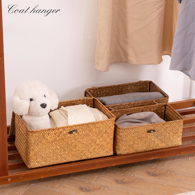 Nonam Wicker Storage Basket with Lid,Seagrass Shelf Basket Set of 3,Nautral | Wicker Basket Container for Organizing, Boho Decorative Basket, Rectangular Household Storage Boxes for Home Organization