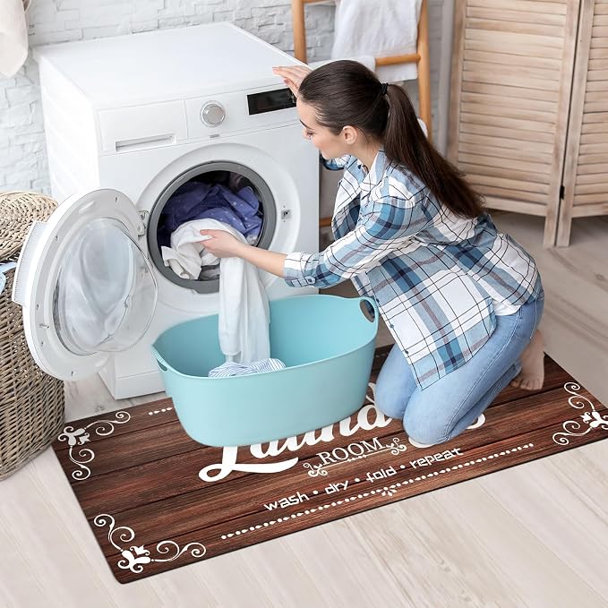 XLHOMO Laundry Room Rug Runner, 17.7"x45" Non Slip Brown Laundry Rugs, Farmhouse Washable Floor Laundry Mats for Laundry Room, Mudroom, Kitchen, Washroom, Bathroom, Hallway Entryway Area Rugs Decor