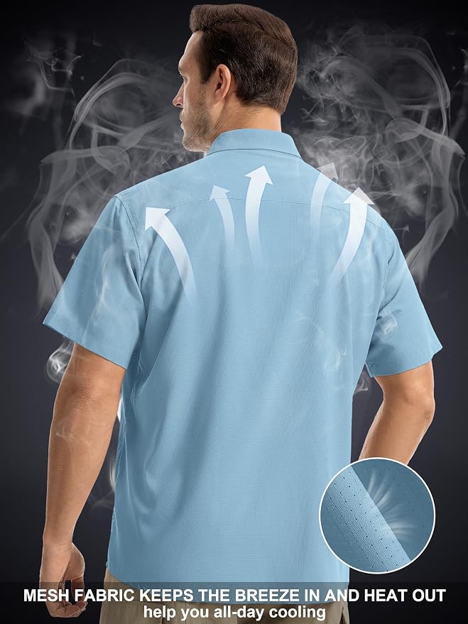 Mens Short Sleeve Fishing Shirt Sun Protection Quick Dry Lightweight | Breathable Fabric, Multi Pockets, for Fishing Safari Hiking Hunting Camping Outdoor Work Casual Wear