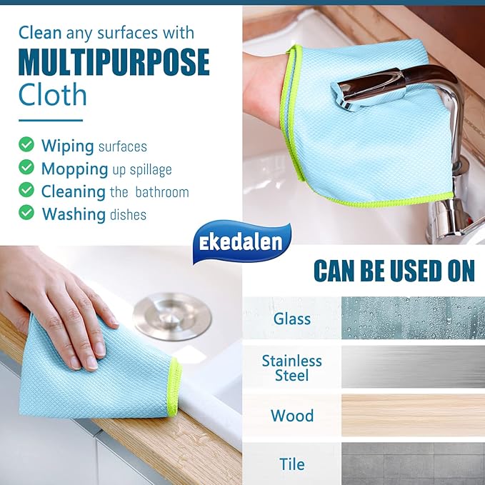 Microfiber Cleaning Cloth Lint Free Glass Polish, Blue & Grey | Fish Scale Window Cleaning Cloth, Streak Free, Reusable for Glass Mirror Kitchen Dish, 16 x12 in, 8 Pcak