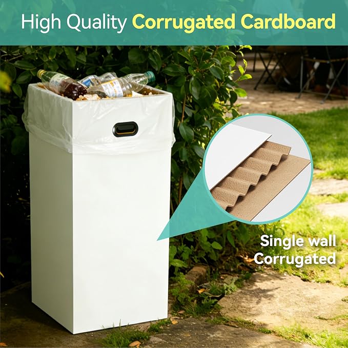 5 Pack Disposable Trash Cans for Parties, 30 Gallon Pop Up Trash Can | Collapsible with Handle, Thick Recycled Cardboard Bins for Events, Camping & Parties, Includes 10 Pcs Large Garbage Bags