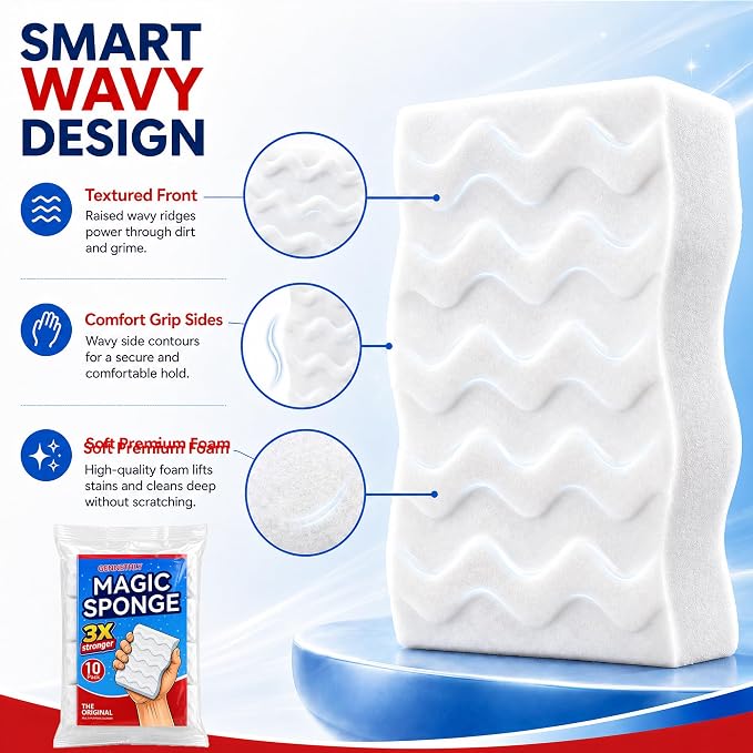 3X Density Magic Sponge Eraser, 10 Pack Cleaning Sponge for Kitchen & Bath | 3X density foam, Extra durable sponge, Ergonomic wavy grip, Deep cleaning power, Multi-surface cleaning, 10 pack value