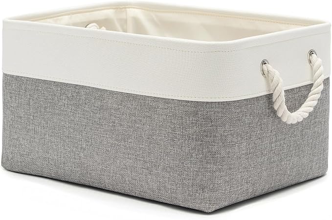 15.7x11.8x8.26 Inch Fabric Large Storage Bins with Handles 1 Pack | Foldable, Sturdy Metal Strand, Cardboard Support Molding, Fabric Storage Baskets for Shelves, Closet, Bedroom, White/Gray