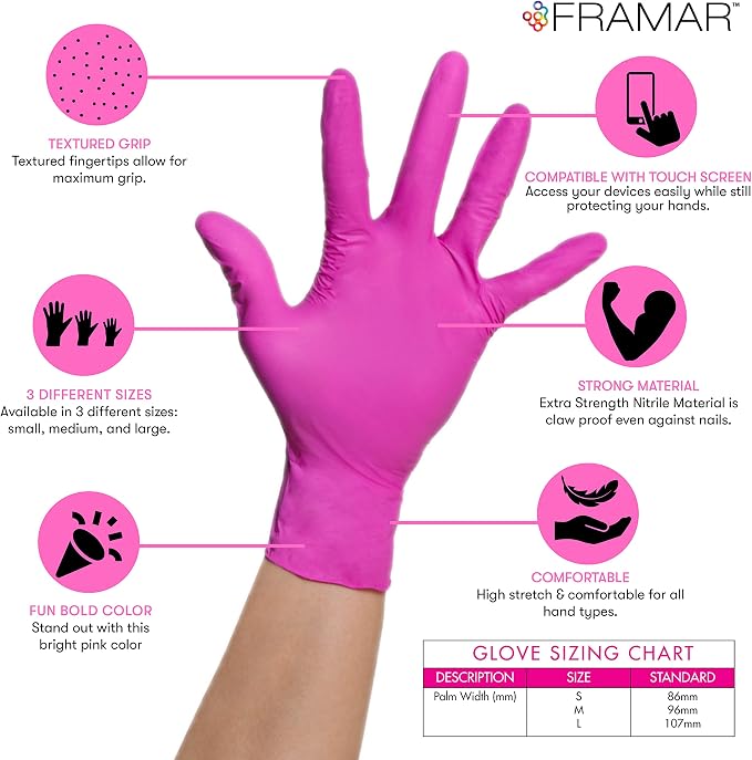 FRAMAR Pink Gloves Disposable Latex Free, Pink Nitrile Gloves Small, Salon | Disposable Glove Small, Powder Free, For Hair Dye, Cleaning, Tattoo, Food Prep, Mechanic, Extra Durable, 100 Pack