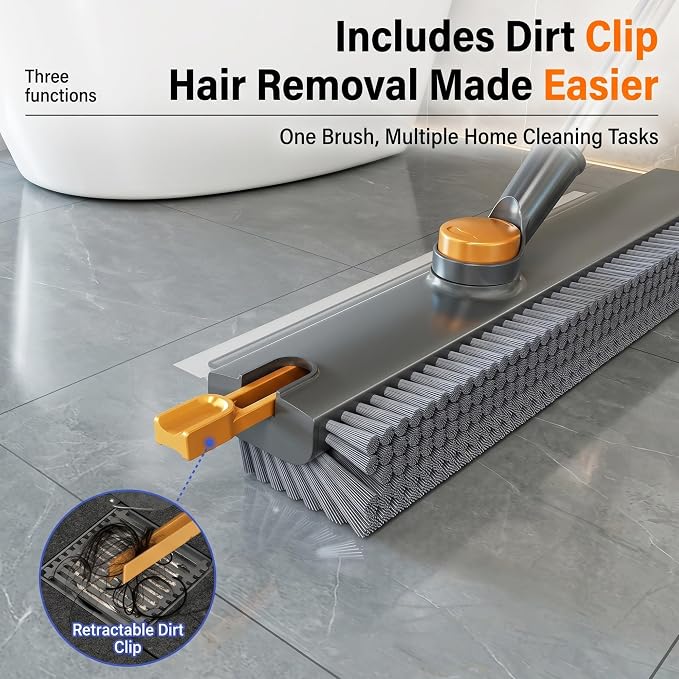 3-in-1 Floor Scrub Brush with Long Handle, Floor Scrubber with Squeegee Tweezers, Adjustable Heavy-Duty Stiff Bristle Cleaning Brush for Tile, Bathroom, Shower, Garage, Patio, Deck(White Grey)