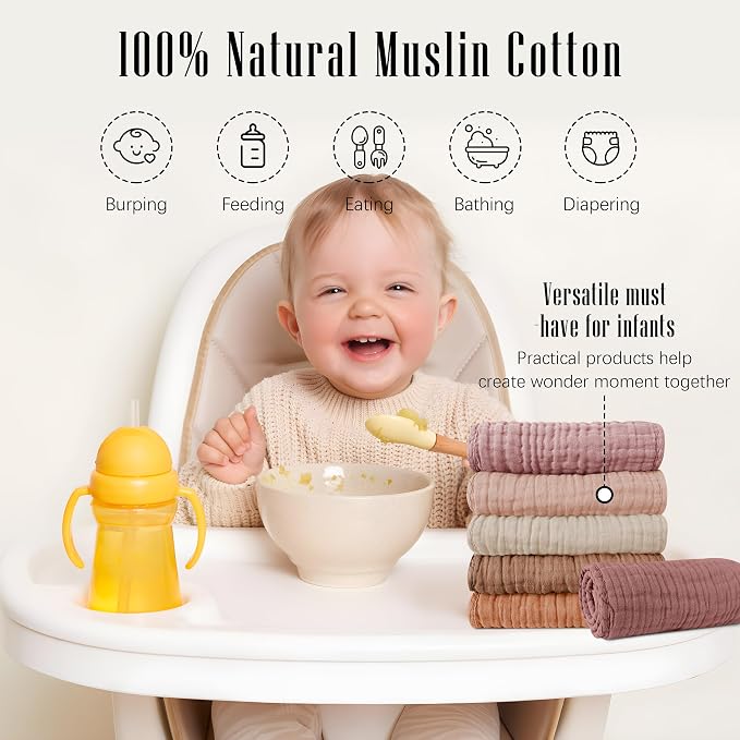 SWEET DOLPHIN 12 Pack Muslin Burp Cloths Large 100% Cotton Burping Clothes for Baby Drool - Absorbent and Soft Boys & Girls Milk Spit Up Rags for Newborn Essentials Registry - Neutral Retro