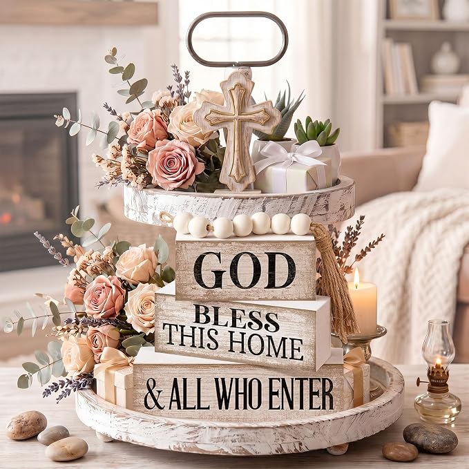 Moucuny 4 Pcs Christian Table Decor Rustic God Bless This Home Stacked Sign | Christian Living Room Mantle Decor, Stackable Signs with Bead Tassel, God Bless Theme, Rustic Centerpiece Gift for Home