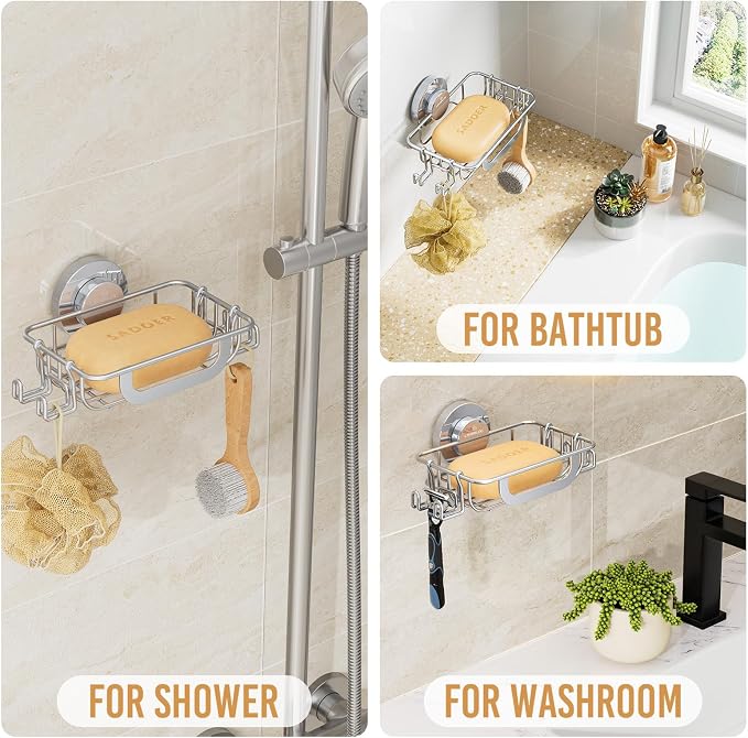 LEVERLOC Soap Holder, Soap Dish for Shower, Suction Cup Bar Soap Holder | Soap Bar Holder for Shower, Wall Mounted Self Draining, NO Drill Sponge Holder for Bathroom, Bathtub Kitchen Sink, Silver