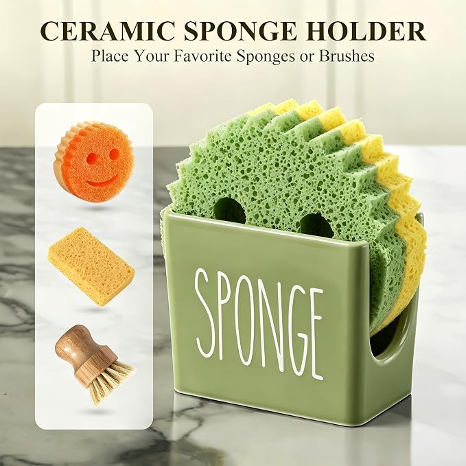 Cisily Olive Green Kitchen Soap Dispenser Set with Ceramics Sponge Holder | Stainless Steel Silver Pumps, and Instant Dry Tray, Hand and Dish Soap Dispenser Set, Kitchen Sink Olive Green Decor