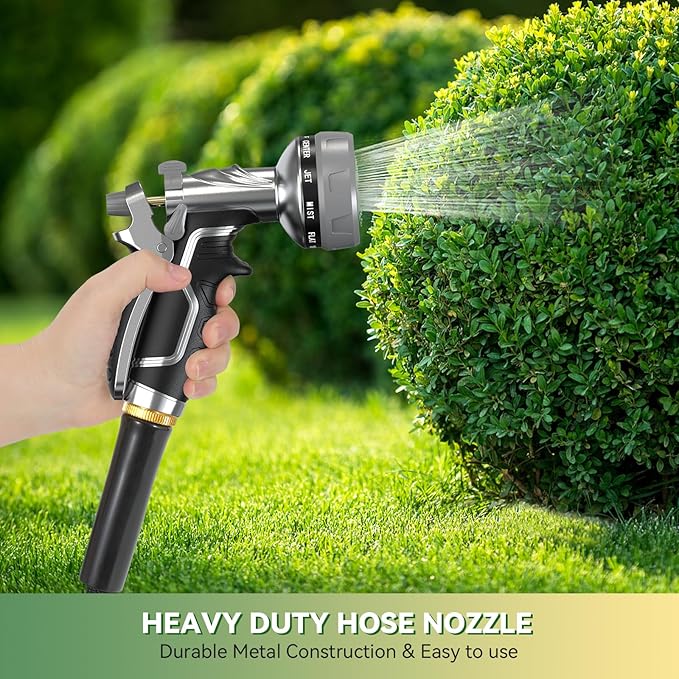 Garden Hose Nozzle, Heavy Duty Metal Water Hose Nozzle with 8 Adjustable Spray Patterns, High Pressure Hand Sprayer with Flow Control for for Garden Watering, Car & Pet Washing