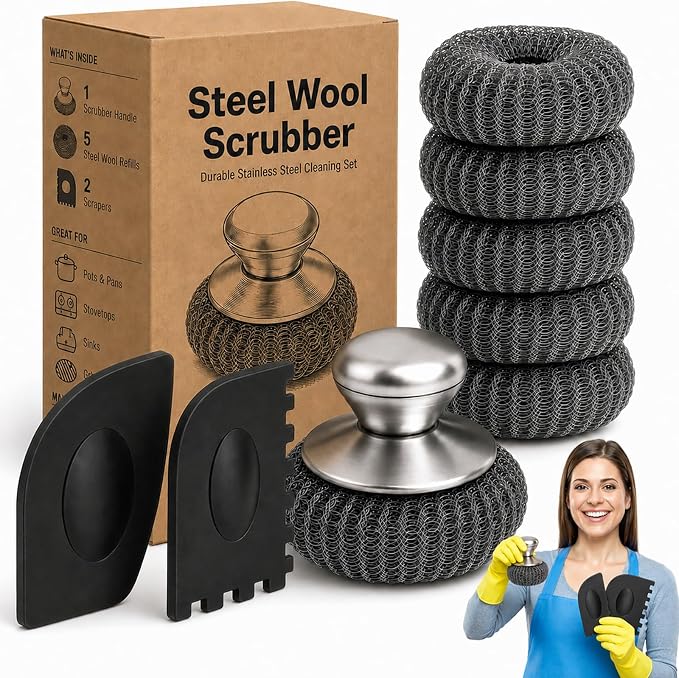 Steel Wool Scrubber with Handle & 5 Refills, 8-Piece Cast Iron Scrubber Kit with 2 Pan Scrapers, Heavy Duty Stainless Steel Scrubber for Kitchen Sink, Grill, Griddle, and Pots