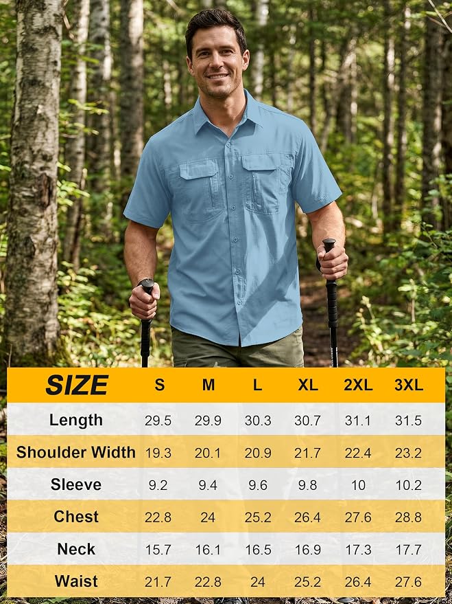 Mens Short Sleeve Fishing Shirt Sun Protection Quick Dry Lightweight | Breathable Fabric, Multi Pockets, for Fishing Safari Hiking Hunting Camping Outdoor Work Casual Wear