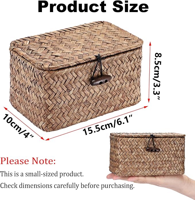 Hipiwe Small Wicker Basket with Lid Woven Seagrass Organizer, 6.1"x 4"x3.3" | Tabletop Desk Basket Holder Key Box for Entryway, Handmade Baskets Storage Bin for Hair Ties Candy