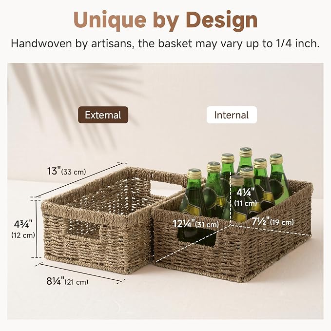 StorageWorks Wicker Baskets for Organizing,Seagrass Baskets for Decor,2Pack | Rectangle Wicker Baskets for Organizing, Wicker Storage Baskets for Shelves, Decorative Baskets,Seagrass Baskets with Handles
