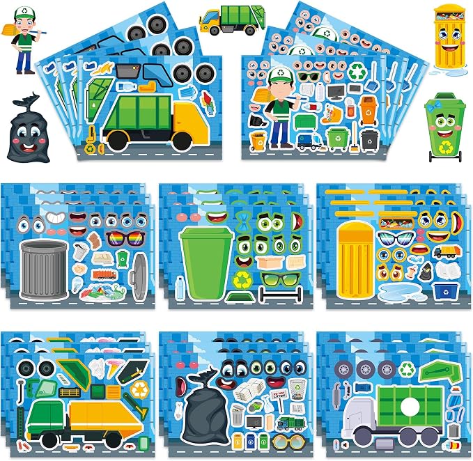 24 Sheets Garbage Truck Make a Face Sticker, Make Your Own Trash Truck Stickers Garbage Mix and Match Sticker for Home School Classroom Crafts Activities Reward Birthday Party Favors