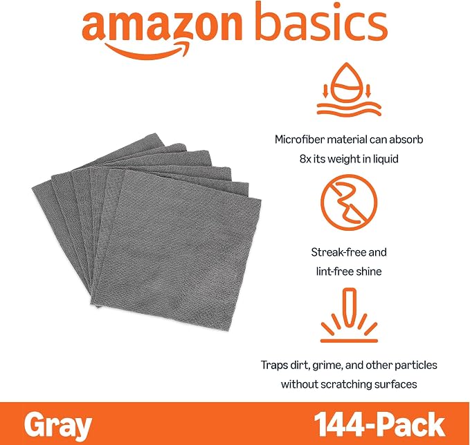 Amazon Basics Microfiber Cleaning Cloths, Ultra Absorbent, Lint Free, Streak Free, Non-Abrasive, Reusable and Washable, 12" x 12", Grey, 144 Pack
