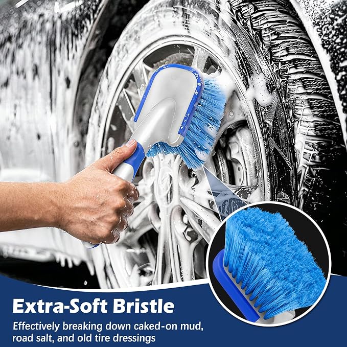 Car Wash Brush 10 Inch, Car Tire & Wheel Brush for Cleaning Wheels & Rim | Soft Bristle Car Wheel Cleaner Brush, Car Cleaning Scrub Brush for Car Detailing, Rv, Cars,Trucks,Bike