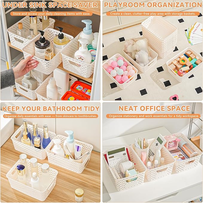 12 Pack Plastic Storage Baskets for Organizing, Storage Baskets for Shelves with Handles, Small Storage Bins with Labels, Classroom Storage Organization for Cabinet,Closet, Office