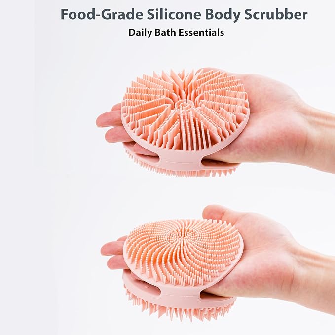 MtBoi 2 Pack Silicone Exfoliating Body Scrubber, Silicone Body Brush, Soft Silicone Loofah for Sensitive Skin, Shower Head Massager, Easy to Clean, Lathers Well(Pink&Black)