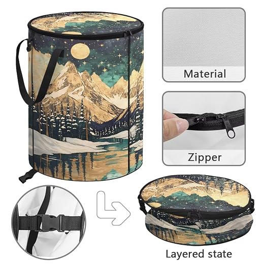Mountain Lake Printed Outdoor Trash Can with Lid Large Collapsible Trash Can for Car Waterproof Garbage Bags for Bedroom, Yard, Camping, Picnic Home Decoration