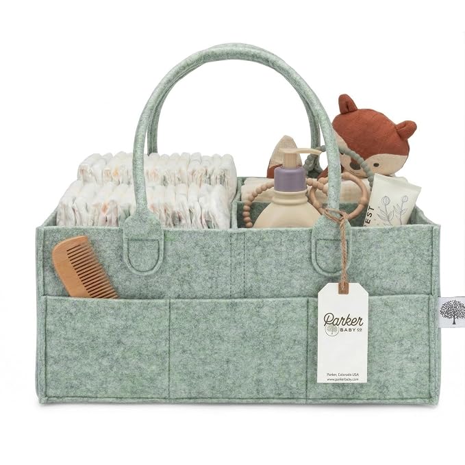 Parker Baby Co. Felt Diaper Caddy Organizer - Large, Sage | Portable nursery storage bin for diapers, wipes, bottles & baby essentials in home/car. Soft felt, foldable design 16x10x7"