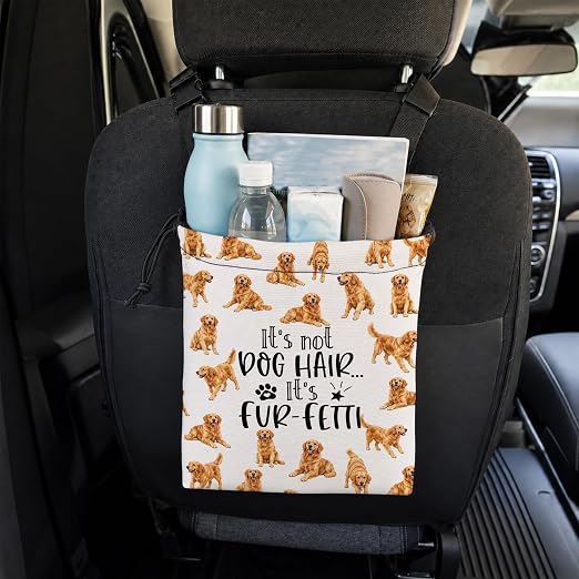 Golden Retriever Dog Car Trash Bag Hanging for Back Seat | Canvas Drawstring Car Garbage Bag with Adjustable Buckle Vehicle Trash Can,Golden Retriever Gifts for Women Men