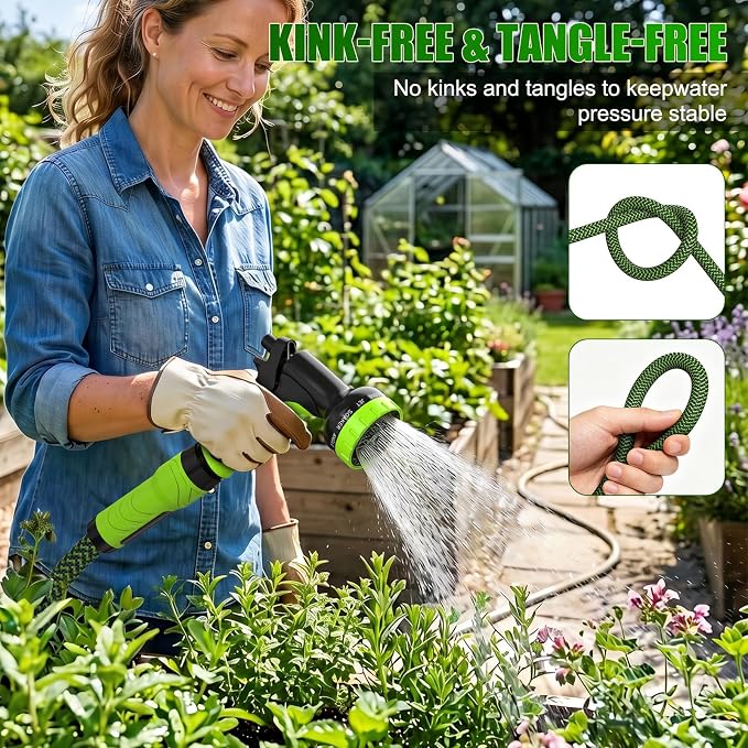 NON-EXPANDABLE Garden Hose 25 FT x5/8'' with 10-Function Sprayer | Flexible Hose 25 ft Lightweight, No Kinks Leak Proof Durable Fabric Skin, Water Hose 25FT for Yard, Outdoor