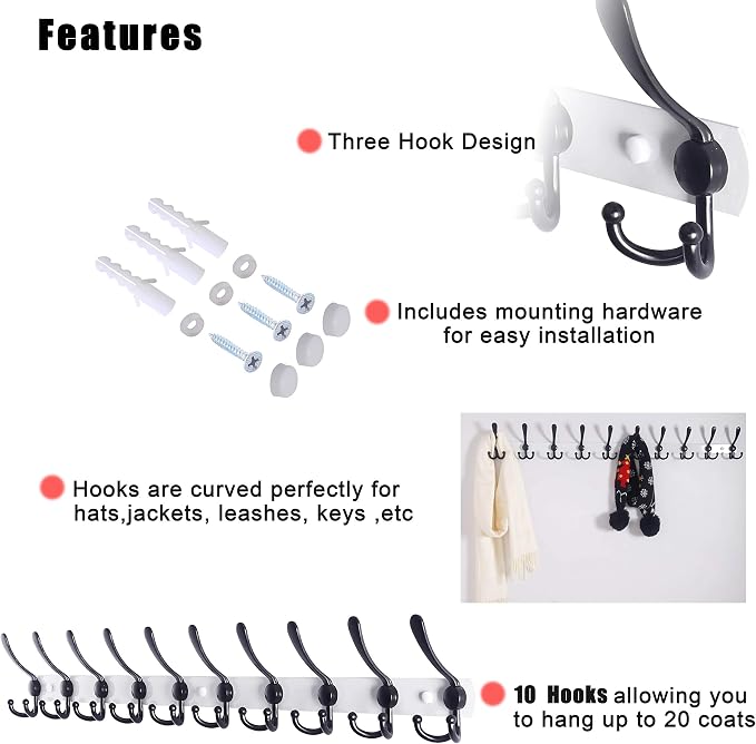 Dseap Coat Rack Wall Mount - 38” Long 10-Tri-Hooks Heavy Duty Coat Hanger Rail Wall Hooks for Hanging Coats Hats Clothing Clothes Purse Mudroom Entryway, White/Black, Pack of 2