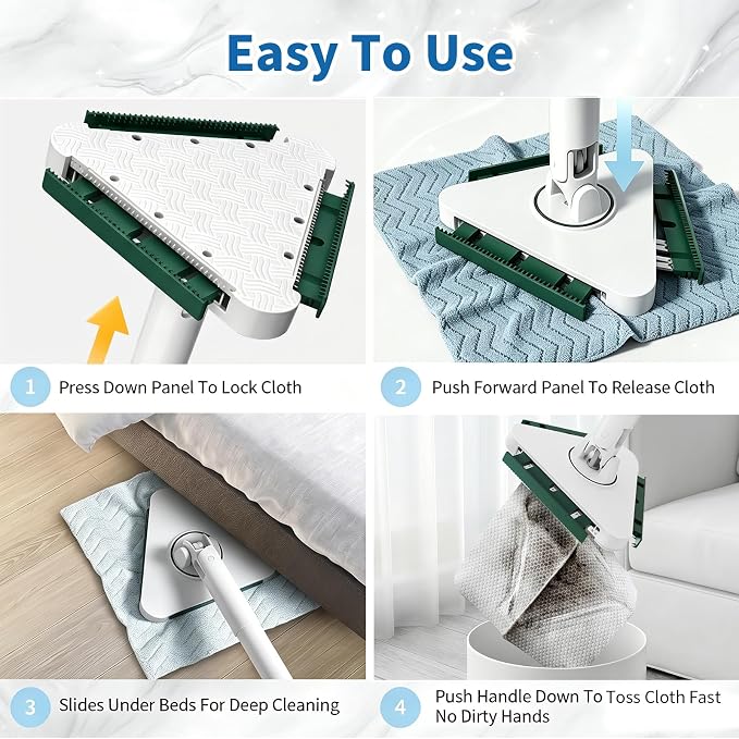Small Mini Snap Grip Clamp Triangular Dust Mop, One-Click Cloth Change | Disposable Sweeper Mop Compatible with Swiffer Pads, Includes 2 Reusable Cloths for Hardwood, Tile & Small Space Cleaning