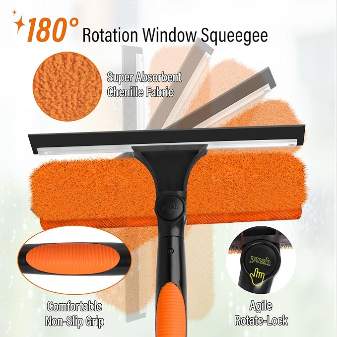 26FT High Window Cleaning Kit with Pole,2 in1 Professional Window Squeegee | 5-20FT Window Clean Pole Kit(2 Squeegee & 2 Microfibre Cloths),180°Rotatable Squeegee for Indoor/Outdoor High Windows